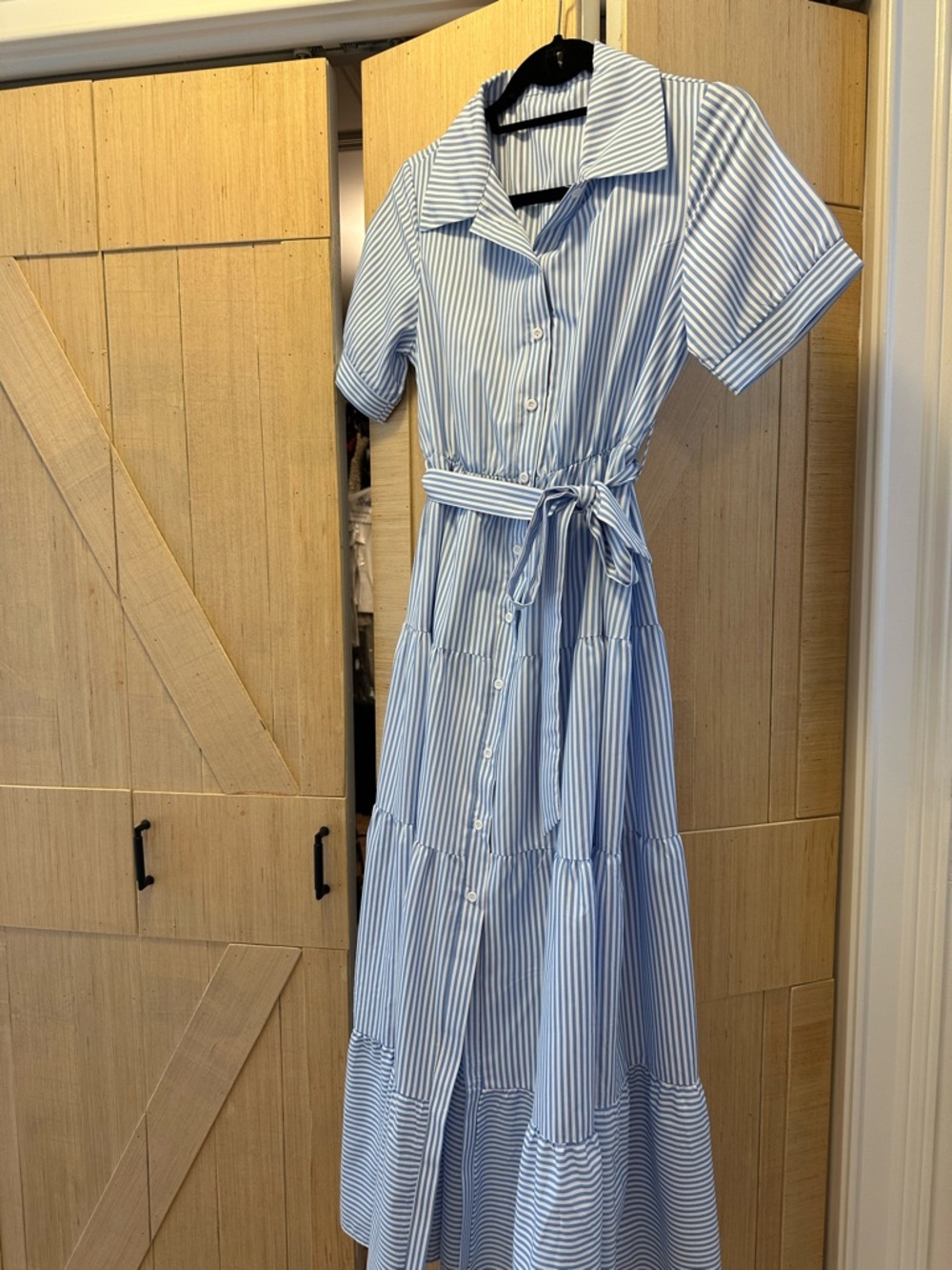 SHEIN Blue and White Striped Button-Front Shirt Dress with Tie Waist size S